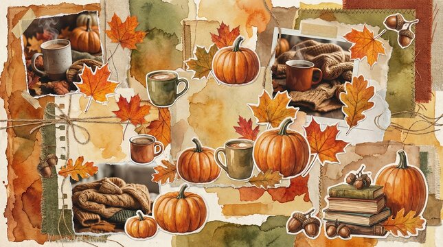 Autumn cozy collage with pumpkins orange leaves coffee mugs books and acorns in scrapbook paper style AI generated content