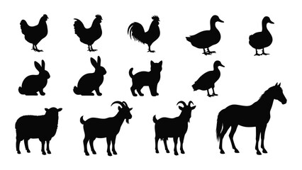 A group of farm animal silhouettes on a white background © MehediHasan