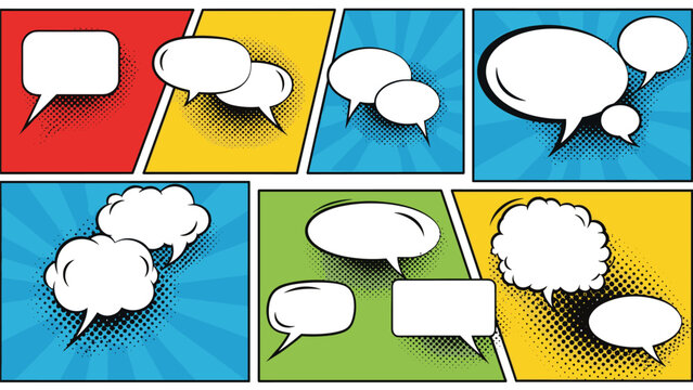 Blank comic book panels with empty white speech bubbles of various shapes and sizes on a multi-colored background.