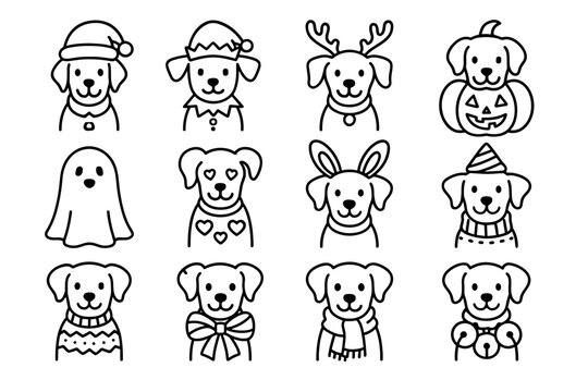 Silly Dog Costume Icons. Silly dog holiday costumes. Line outline icon set of silly dog holiday costumes: dog