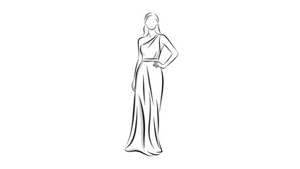 Obraz premium Elegant fashion sketch depicts a woman wearing long one-shoulder evening gown standing in a graceful pose on white background.