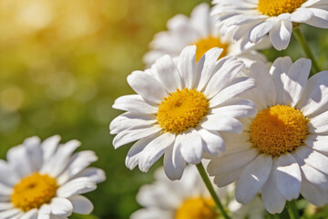 Naklejka premium Close up white daisies in spring sunlight