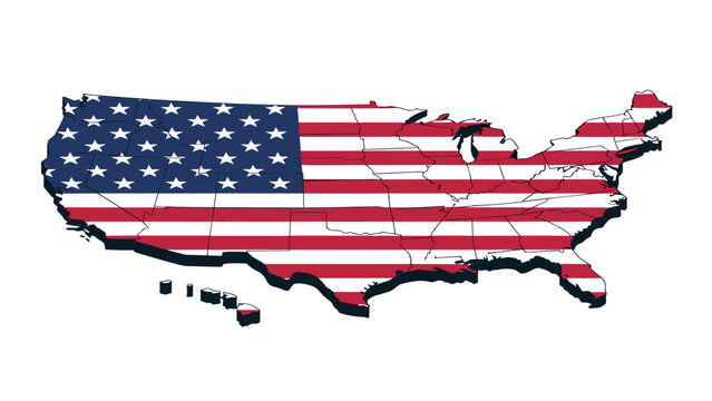 Map of the United States of America filled with the national flag pattern showing stars and stripes across all state borders.