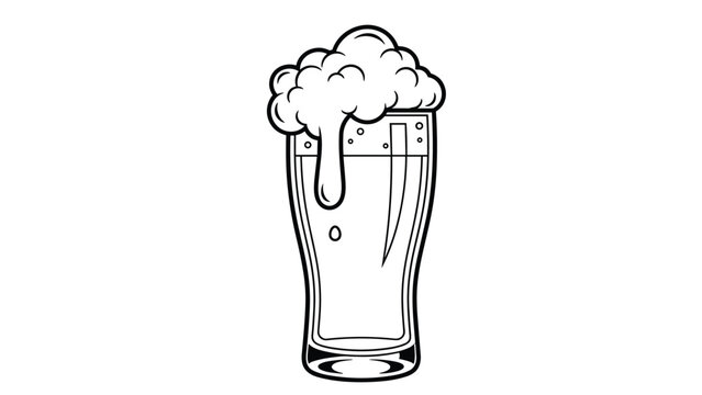 Elegant tall pilsner glass filled with bubbling beer and overflowing foam is depicted in a clean black and white line art style.