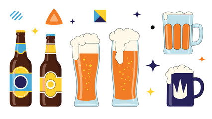 Flat design collection features various types of beer bottles glasses and mugs with frothy heads and colorful background shapes.