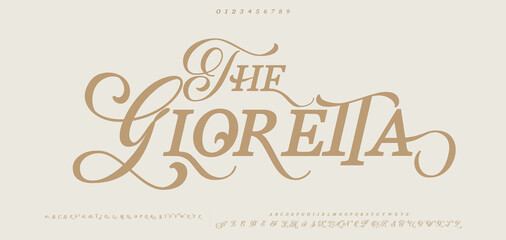 The GLOREITA Elegant wedding alphabet letters logo font and number. Typography Luxury classic lettering serif fonts decorative vintage retro concept. vector illustration © MEG_Graphic