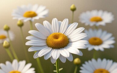 Fototapeta premium White daisies bloom softly in a sunlit field their yellow centers