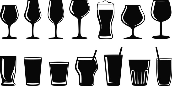 Drink glass silhouettes collection, beverage cups goblets mugs bar vector illustration isolated design set bundle