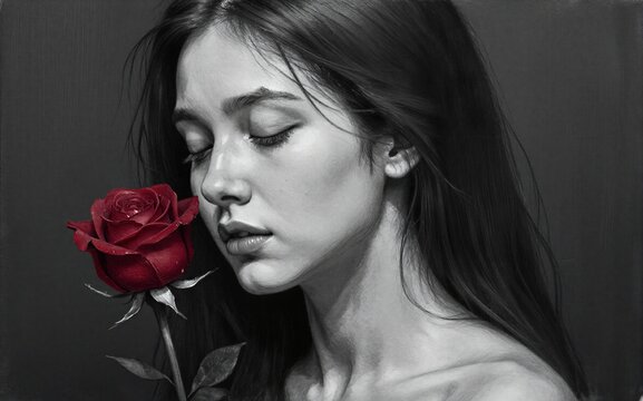 A woman with closed eyes and a red rose in her hair.