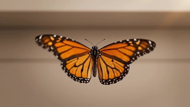 A monarch butterfly in flight, soaring through the air with its vibrant orange wings spread wide, against a blurred background.