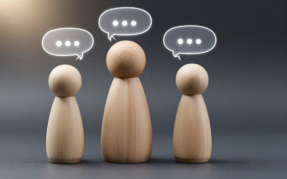 Three wooden figures with speech bubbles symbolizing conversation or