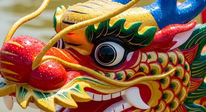 Close-up of a vibrant, colorful dragon head on a traditional Chinese boat.