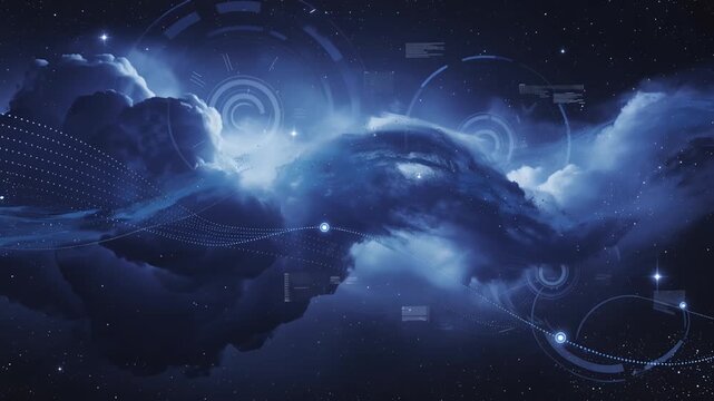 blue cloudscape with digital hud overlays, futuristic cosmic night sky