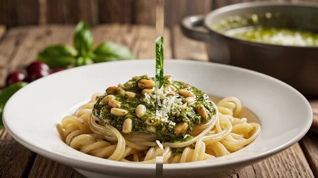 Spaghetti pasta with fresh pesto sauce and pine nuts