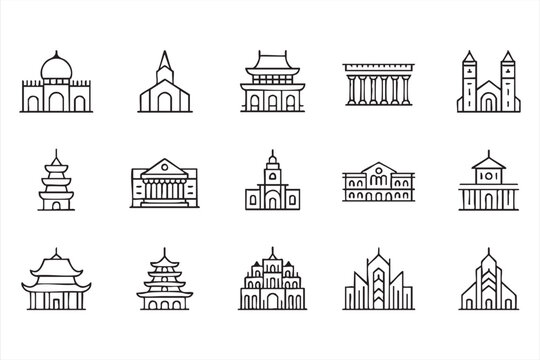 Travel architecture outline icon collection with temples pagodas churches cathedrals and monuments