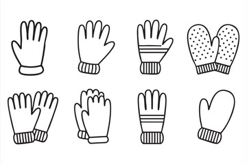Obraz premium Winter clothing vector line icon set with gloves mittens knitted handwear and fashion accessories