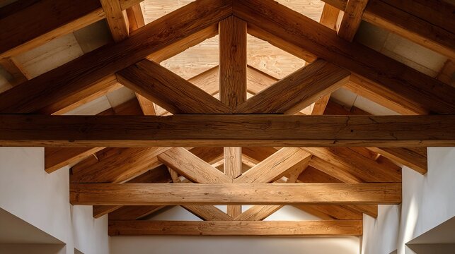 rafters. Crisscrossing exposed wooden beams forming geometric ceiling framework. real-estate listings, architecture portfolios, designed for interior renovation comparisons for interiors.