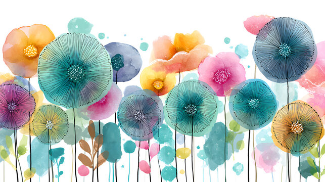 Modern abstract watercolor flowers, bold graphic stems, circular floral centers with radiating lines, bright cheerful color palette.