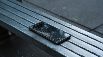 Obraz premium Black smartphone lying on a wooden bench. the phone appears to be broken and has a cracked screen. the bench is made of metal and has horizontal slats.