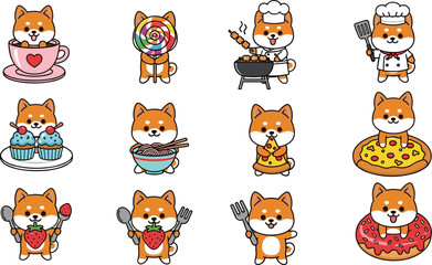 Obraz premium Cute Shiba Inu Dog Food Cartoon Set Eating Pizza Donut Noodles Cupcake Strawberry Cooking Chef Vector Illustration