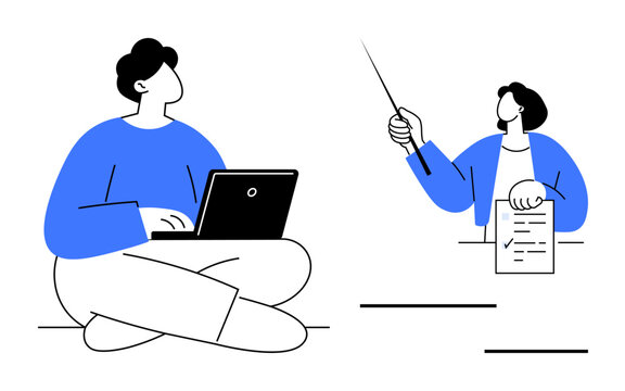 Team members working together one with a laptop, another presenting with pointer and clipboard. Ideal for teamwork, collaboration, presentations, remote work, education, planning, simple flat