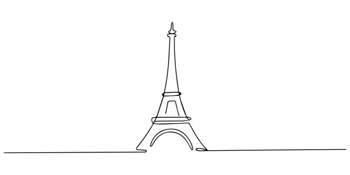 Single one line drawing of Eiffel Tower landmark wall decor poster. Iconic place in Paris, France. Tourism and travel greeting postcard concept, One continuous single line of famous building like pro.