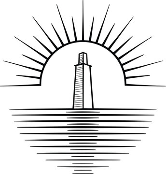 Lighthouse sunset illustration with radiating sun rays and water reflection vector line design