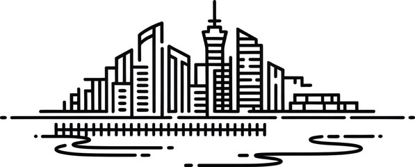Naklejka premium Stylized continuous line cityscape with modern buildings and waterfront on abstract background