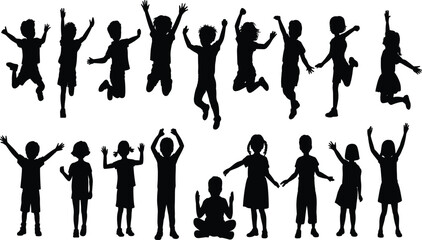 Fototapeta premium Set of black silhouettes of children jumping, playing, and raising hands isolated on white background for youth, happiness, and school design,
