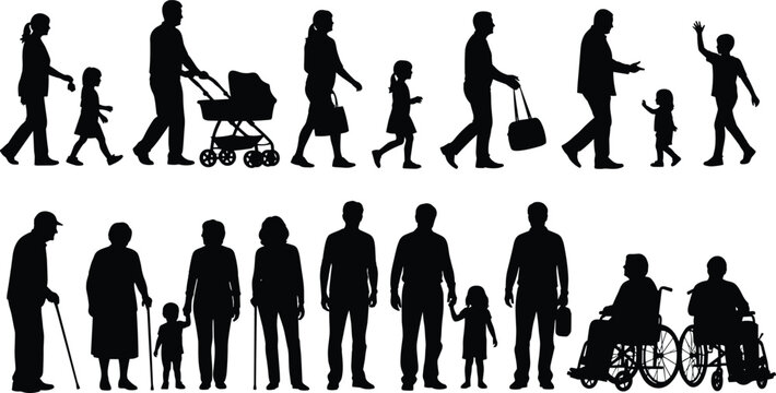 Set of black silhouettes of people of all ages including families, seniors, children, and wheelchair users isolated on white background,