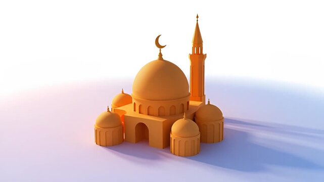 3D rendering of a mosque with domes and minaret.