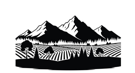 Black and white illustration of mountains forest and farmland landscape © Momtaj