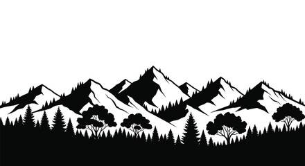 A striking black and white illustration of a mountainous landscape with trees © Momtaj