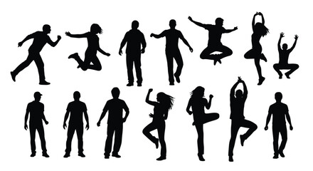 Silhouettes of people in various dynamic and joyful poses