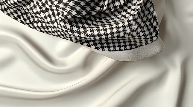 A close-up showcases a houndstooth fabric draped over a smooth, cream-colored surface, revealing gentle folds and subtle shadows