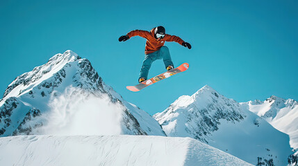 A snowboarder performs a thrilling jump against a backdrop of snowy mountains