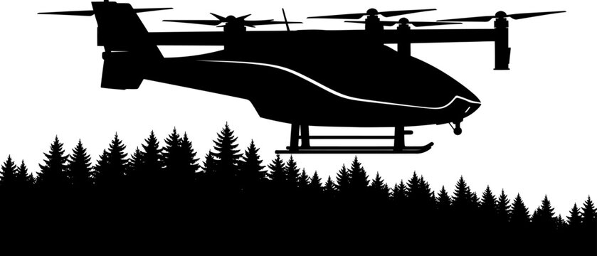 Electric vertical takeoff aircraft evtol flying over a coniferous forest