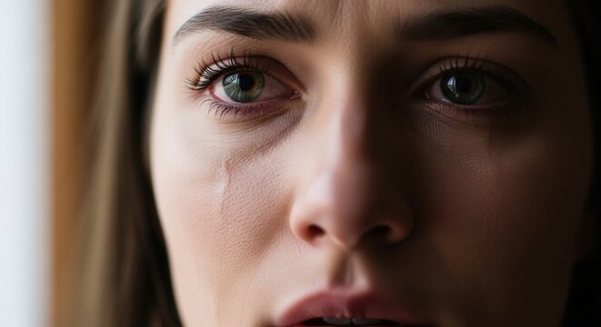 Intimate close-up portrait of a somber young woman with a single tear rolling down her cheek, conveying profound feelings of sorrow and emotional vulnerability
