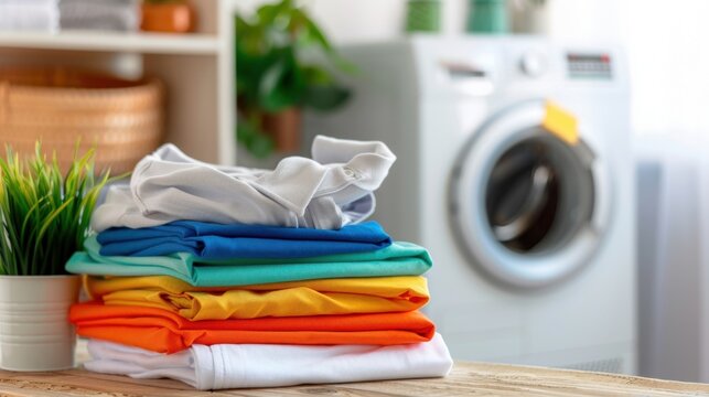 Colorful Stack of Clean Clothes Next to a Washing Machine in a Bright Laundry Room Setting