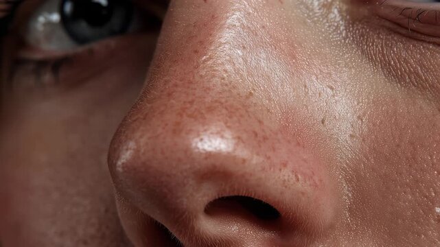Detailed close-up of a person's nose showcasing natural skin texture and subtle freckles under soft lighting in an indoor setting