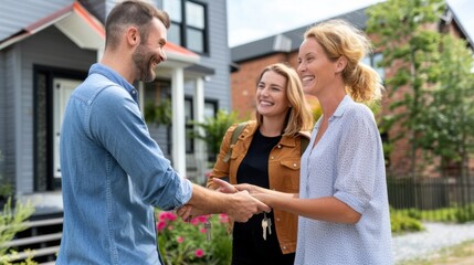 Fototapeta premium Happy people engaging in friendly conversation outdoors near a stylish home surrounded by green landscaping and colorful flowers