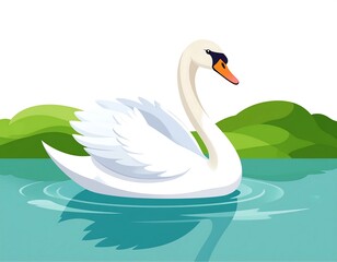Fototapeta premium Graceful swan swims, creating ripples, set against a gentle green hilly background on a light blue water surface