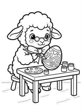 Cute Sheep Coloring Page for Kids Easter Activity. Adorable Lamb with Glasses Painting an Ornate Egg. Black and White Line Art Illustration for Children's Book.
