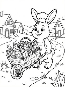 Easter Bunny coloring page for kids, a cute rabbit chef pushing a wheelbarrow of decorated eggs in a spring village. Fun holiday activity sheet for children's creativity.