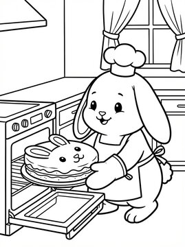 Kawaii Bunny Chef Coloring Page. Cute cartoon animal baking a bunny-shaped cake in the kitchen. Printable activity worksheet for children's learning and fun.