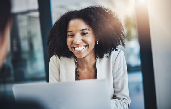 Laptop, meeting or woman with client in office, taxes guidance or investing advice for money management. Budget, pc or financial planner with options for cash flow growth, smile or debt consultation