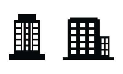 City building icon set. Urban office and apartment tower architecture symbols. Solid silhouette vector icons. © Articurve