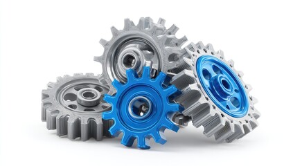 Close-up of four interlocked gears, some gray, some blue, on a white background