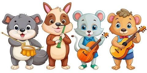 Fototapeta premium Cute cartoon creatures gather for music