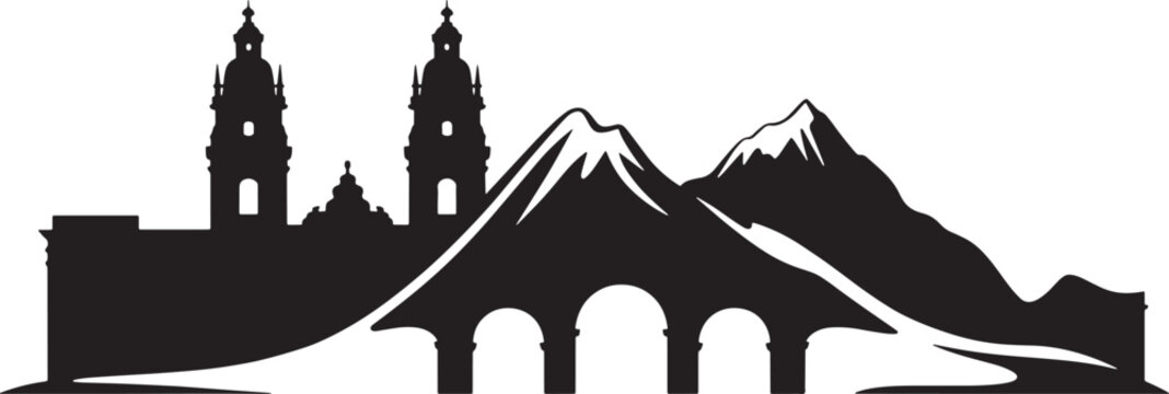 Cathedral silhouette with mountain range and arched stone bridge over river in flat design